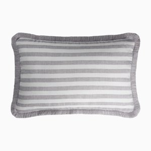 White Grey with Grey Fringes Happy Linen Striped by LO DECOR for Lorenza Briola