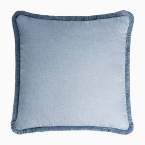 Light Blue with Light Blue Fringes Happy Linen Pillow by LO DECOR for Lorenza Briola