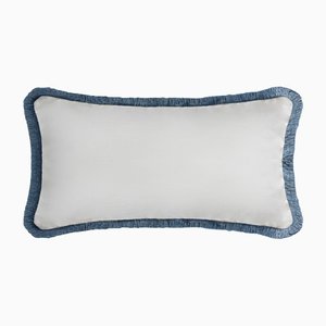 White with Light Blue Fringes Happy Linen Pillow by LO DECOR for Lorenza Briola