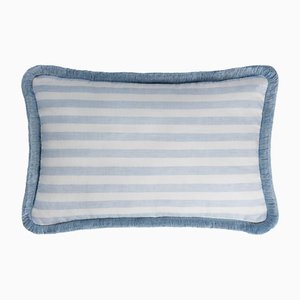 White Light Blue with Light Blue Fringes Happy Linen Striped by LO DECOR for Lorenza Briola