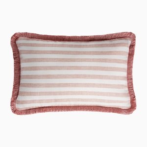 White Light Pink with Light Pink Fringes Happy Linen Striped Pillow by LO DECOR for Lorenza Briola