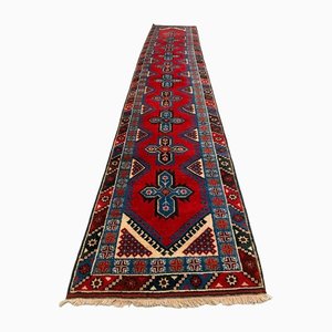 Très Long Tapis de Couloir Turc Rouge, Beige et Bleu