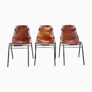 Cognac Leather and Chromed Metal Les Arcs Dining Chairs by Charlotte Perriand, Italy, 1970s, Set of 3
