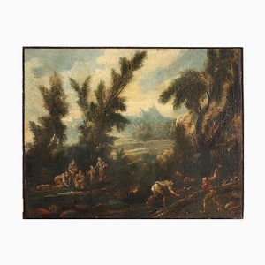 Boscaioli, Paesaggio fluviale con figure, olio su tela