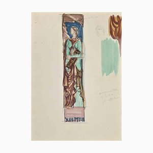 Jean Boudal, The Goddess in Stained Glass, Original Drawing, Early 20th-Century
