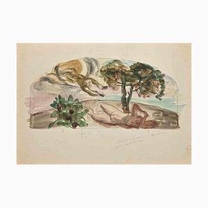 The Garden of Eden, Original Drawing in Pencil & Watercolor, Early 20th-Century