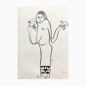 Bertin, La surréaliste femme aux pigeons, 1971, Marker on Paper