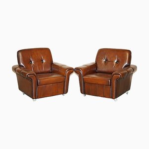 Vintage Dutch Brown Leather Armchairs, Set of 2