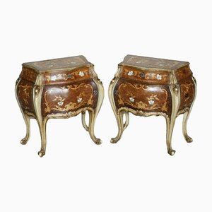 Italian Marquetry Inlaid Burr Walnut Bombe Bedside Cabinets, Set of 2