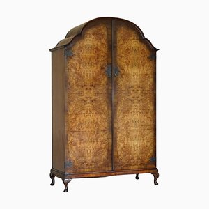 Large Vintage Burr Walnut Wardrobe with Serpentine Curved Top Panel, 1930s