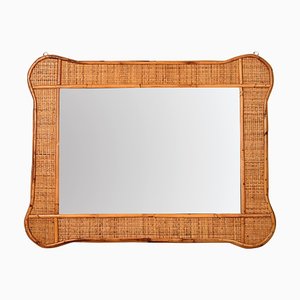 Mid-Century Italian Rectangular Mirror with Bamboo and Woven Wicker Frame, 1960s