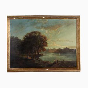 Large Lake Landscape, 1800s, Oil on Plywood, Framed