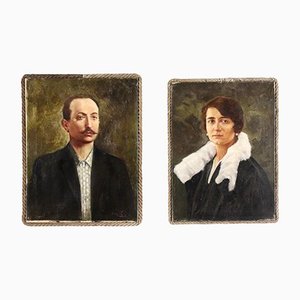 Retratos de hombre y mujer de M. Minasi, década de 1900, óleo sobre lienzo, enmarcado. Juego de 2