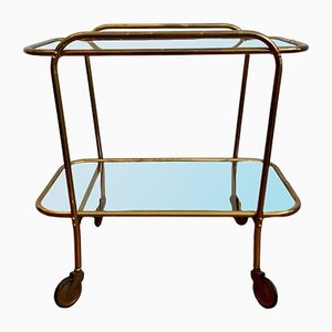 Art Deco 2-Tier Bar Cart in Golden Brass & Glass with Rubber-Tired Wheels, 1930s