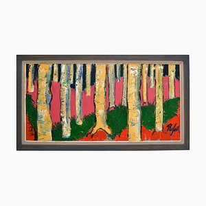 Pintura de paisaje de abedul colorido expresionista grande, años 80, óleo sobre lienzo, enmarcado
