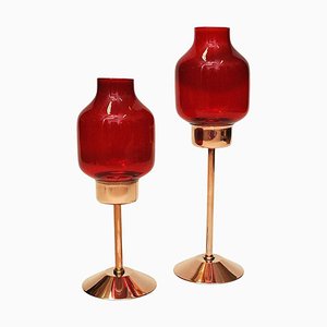 Swedish Bronze Candleholders with Red Glass Domes from Gnosjö Konstmide, 1960s, Set of 2