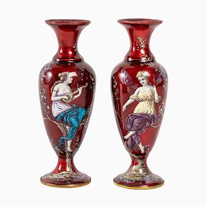 Art Nouveau Red Enamel Vases, Set of 2