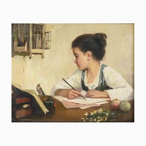 Child Studying, Original Oil Painting on Board, Early 20th-Century