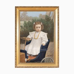 Portrait d'Enfant sur une Voiture, Peinture à l'Huile, Fin du 19ème Siècle