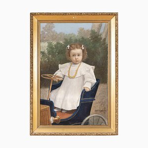 Portrait of Child on a Car, Oil Painting, Late 19th-Century
