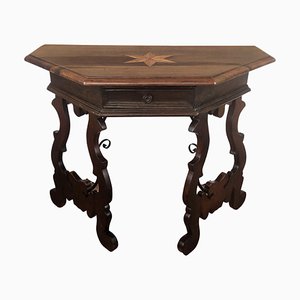 19th Century Baroque Solid Walnut Lyre-Leg Demi-Lune Console Table with Inlay