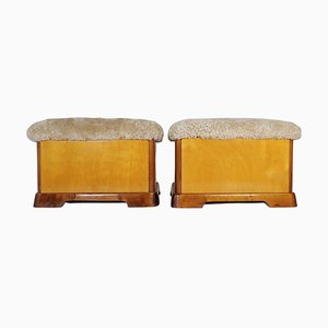 Art Deco Swedish Stools in Lacquered Birch and Mahogany and Sheepskin Seat, 1940s, Set of 2