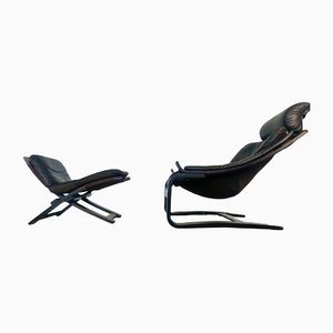 Swedish Lounge Chair and Stool in Leather by Ake Fribytter for Nelo Sweden