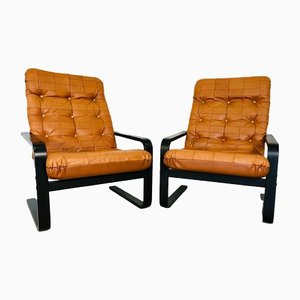 Mid-Century Danish Lounge Chairs in Cognac Faux Leather and Rosewood