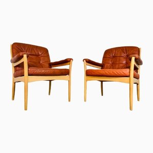 Sillones suecos Mid-Century de cuero coñac de Gote Mobler