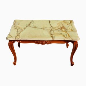 Vintage French Green Onyx, Marble & Wood Coffee Table