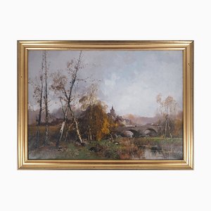 Eugène Galien-Laloue, Bridge Leaving the Village, Oil on Canvas, Framed