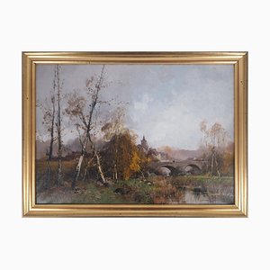 Eugène Galien-Laloue, Bridge Leaving the Village, óleo sobre lienzo, enmarcado