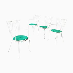 Mid-Century Italian Garden Chairs in White Wrought Iron and Green Fabric, 1960s, Set of 4