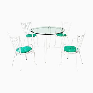 Chaises de Jardin et Table Mid-Century en Fer Blanc, Verre et Tissu, Italie, 1960s, Set de 5