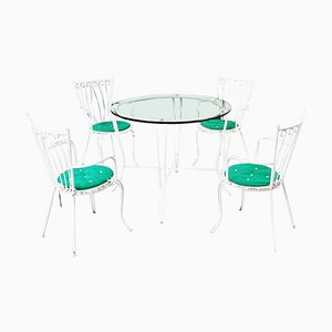 Mid-Century Italian Garden Chairs and Table in White Iron, Glass and Fabric, 1960s, Set of 5