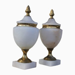 Alabaster Urns with Brass Border and Finial, Set of 2