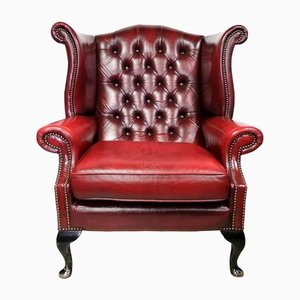 Queen Anne Wingback Chesterfield Armchair in Oxblood Leather