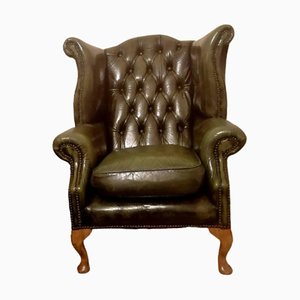 English Queen Anne Highback Winged Chesterfield Armchair in Green Leather