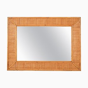 Mid-Century Italian Rectangular Mirror with Bamboo and Woven Wicker Frame, 1970s