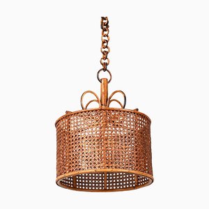 Mid-Century Round Italian French Riviera Style Bamboo and Rattan Pendant Lamp, 1960s