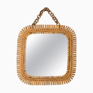 Mid-Century Rattan & Bamboo Squared Wall Mirror, Italy, 1960s