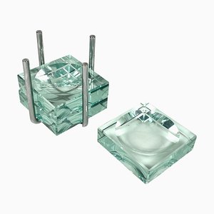 Ashtrays in Glass & Steel with Stand by Gallotti & Radice, Italy, 1970s, Set of 4
