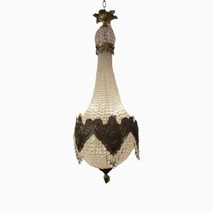 Large Brass and Cut Glass Sac De Pearl Style Chandelier
