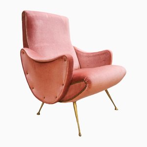 Italienischer Mid-Century Sessel mit pinkem Samtbezug im Stil von Zanuso
