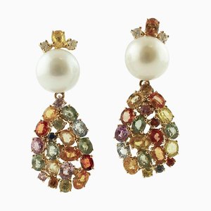 Boucles d'Oreilles en Or Rose 14K avec Saphirs, Diamants et Perles Blanches
