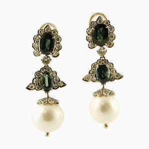 Aretes colgantes de oro blanco y plata de 14 quilates con diamantes, zafiros azules y perlas