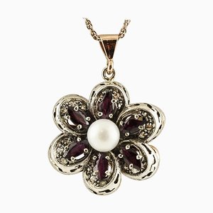 14K Rose Gold and Silver Flower Pendant with Rubies Diamonds and White Pearl