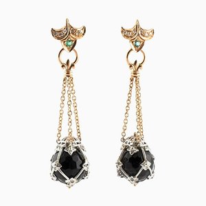 Boucles d'Oreilles Pendantes en Or Rose avec Onyx et Émeraudes