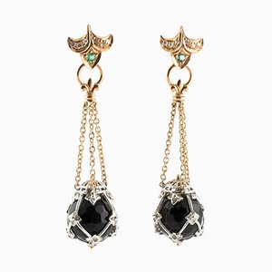 Rose Gold Dangling Earrings with Diamonds Onyx and Emeralds