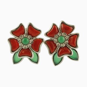 Earrings in 14K White Gold with Diamonds Green Agate and Red Coral Flowers